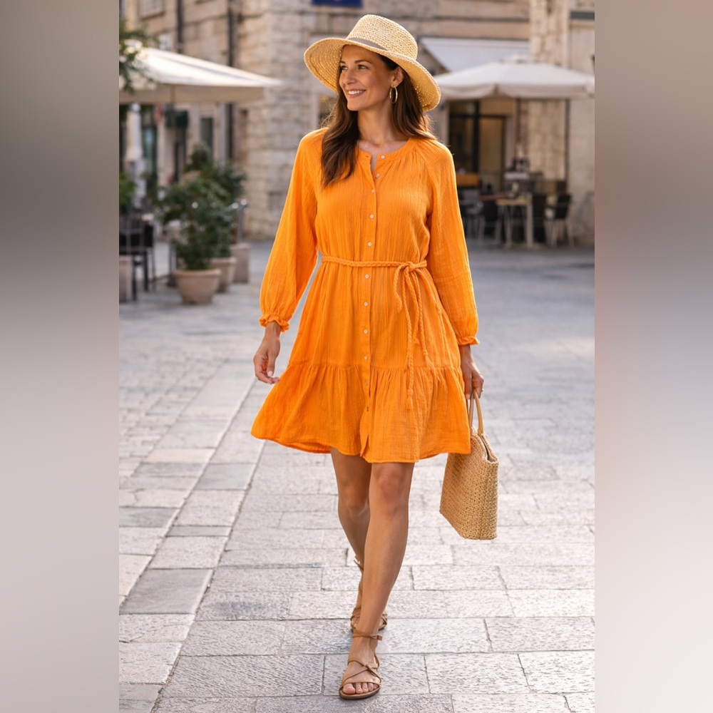 Magaschoni Orange Organic Cotton Gauze Belted Dress Med Boho Tiered Button Front